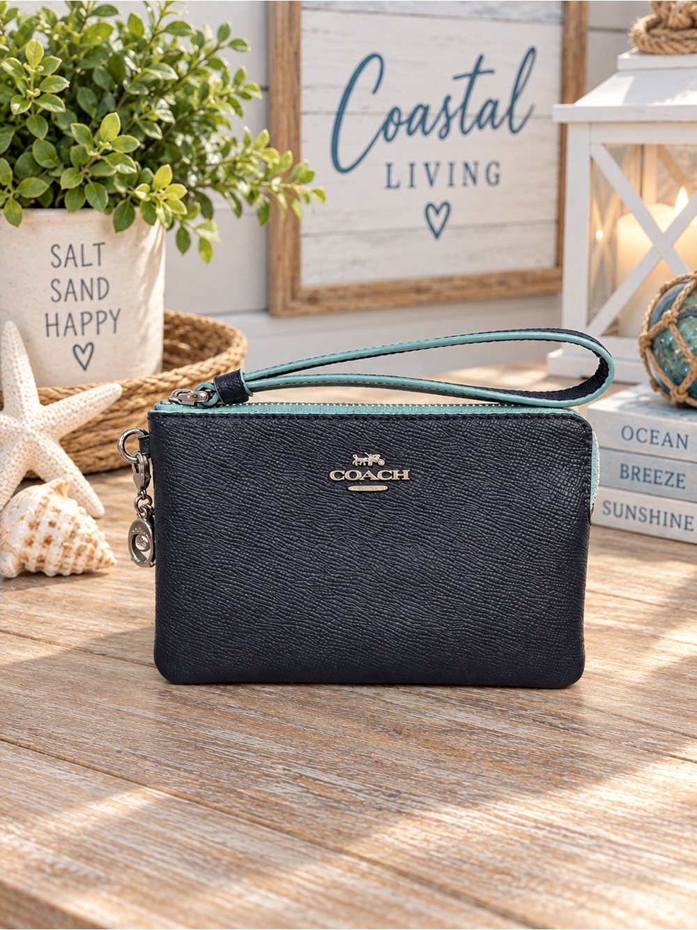Coach Navy Blue Wristlet with Teal Trim & Coach C Bag Charm
